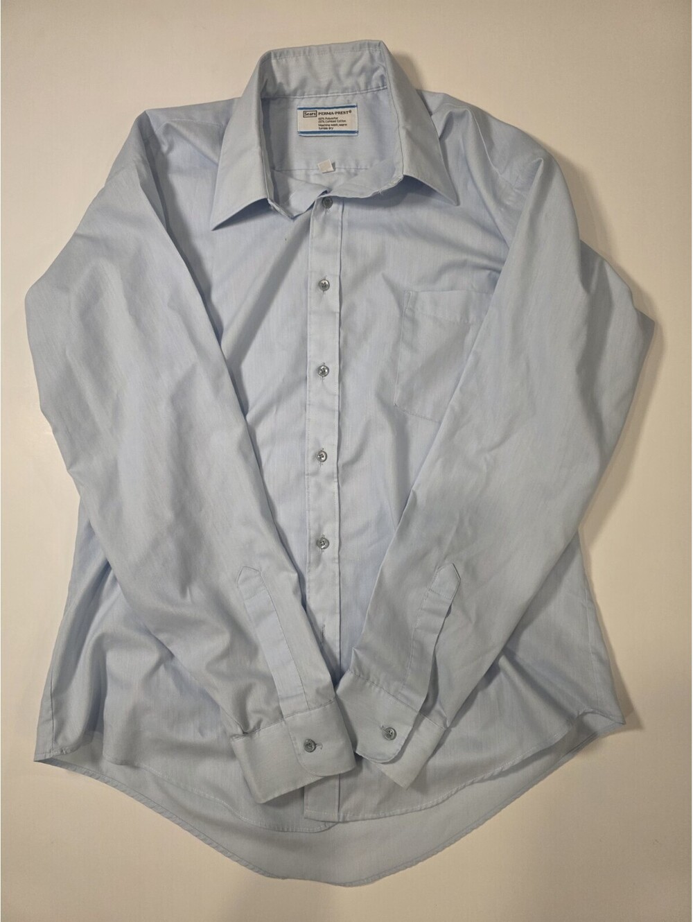 Vintage 70s Sears Perma-Prest Mens Dress Shirt Light Blue 16.5 34/35 Button Down